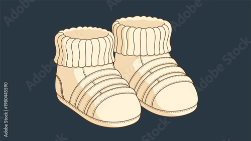 Pair of cozy cream colored knitted baby booties with soft ribbed cuffs for infants designed to provide warmth and comfort for tiny feet.