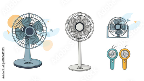 Collection of electric fan models including classic desk fans, a floor stand fan, and colorful portable handheld cooling devices.