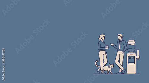 Two colleagues chatting by a water cooler with a cat at their feet in a minimalist office illustration.