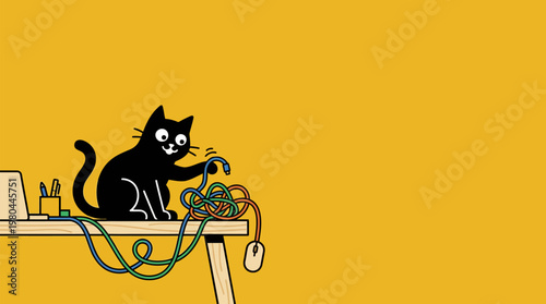 A mischievous black cartoon cat with wide eyes playfully tangles a colorful mess of computer wires and cables on a wooden desk next to a laptop and mouse against a bright yellow background.