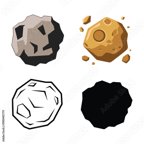 Asteroid and meteorite icon set in varied textures, rocky space stones for galaxy maps, science classrooms, video games, infographics