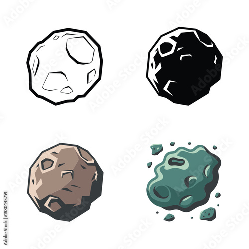 Cratered asteroid icons showing light, dark and mossy surfaces, cosmic rock graphics for posters, board games, classroom science resources
