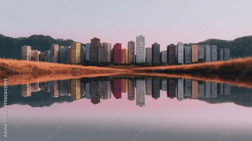 Obraz premium Urban skyline reflected in calm water during sunset surrounded by grassy land and distant mountains in serene landscape