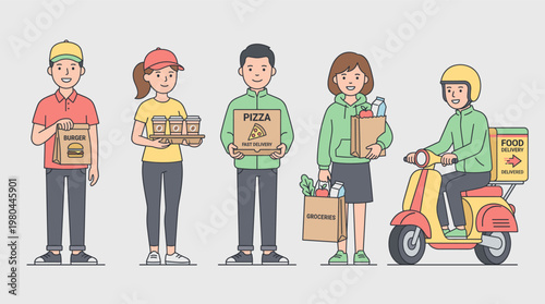 Delivery workers set with pizza box parcel and grocery orders, flat vector illustration of courier service staff and scooter transport for retail delivery