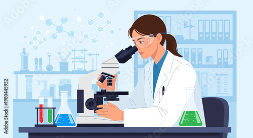 Female scientist using a microscope in laboratory setting