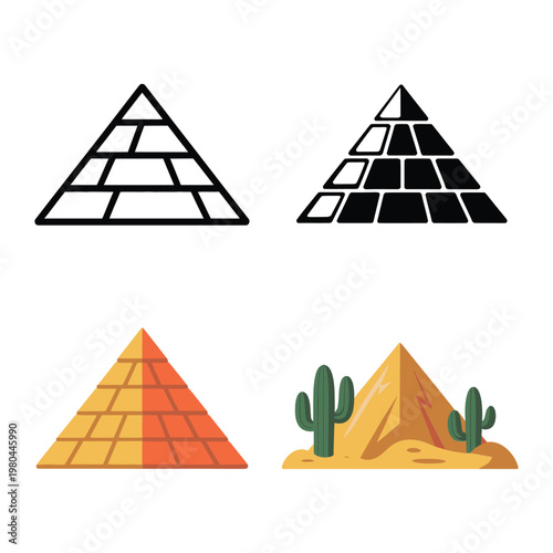 Pyramid icons set, outline brick styles, egypt tourism poster, desert expedition banner, classroom history worksheet, archaeology festival vector illustration