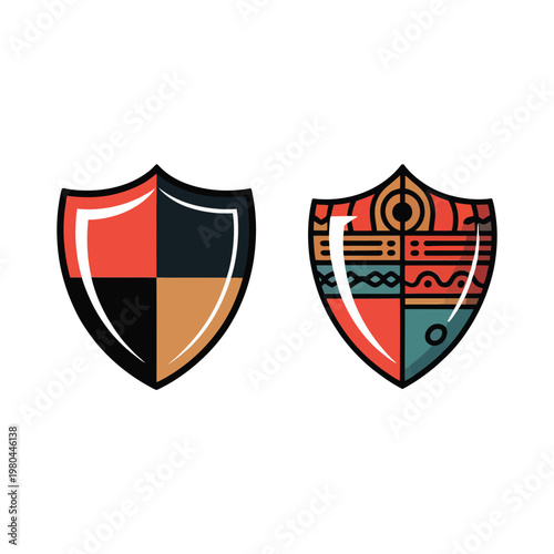 Medieval shield icons set, coat of arms collection, renaissance fair poster, historical reenactment branding, knight tournament elements, security vector illustration