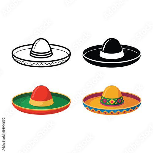 Sombrero hat icons set, mexican fiesta poster, cinco de mayo celebration branding, mariachi party elements, cultural carnival theme, vector illustration