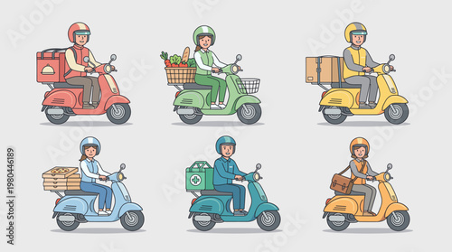 Delivery scooter riders carrying parcels groceries and packages, colorful courier service characters in flat vector style for transport and shipping concepts