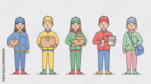 Delivery workers in uniform holding clipboards and parcels, courier and logistics team characters in flat vector style for shipping service concepts