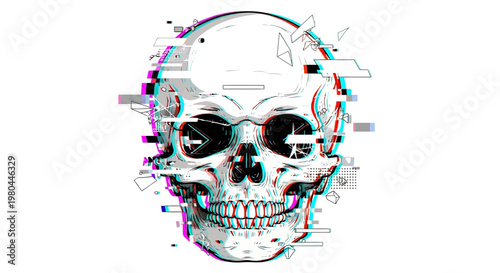 Glitch skull with sunglasses, digital art, retro futurism