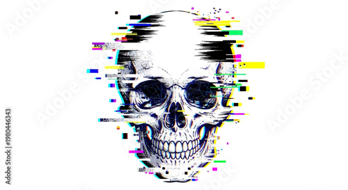 Glitch skull, digital art, error effect, abstract, graphic design, white background