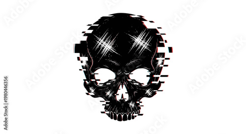 Glitch skull, digital distortion, black and white, abstract horror