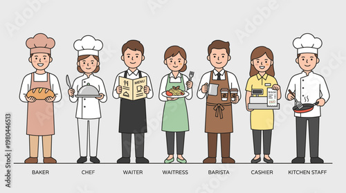 Restaurant staff characters set with baker chef waiter waitress barista cashier and kitchen employee, flat vector illustration of food service professions