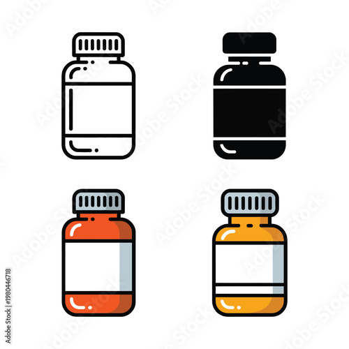 Pharmacy bottle icons set, vitamin supplement jars, health fair poster, medication management session, wellness program branding, prescription container vector illustration