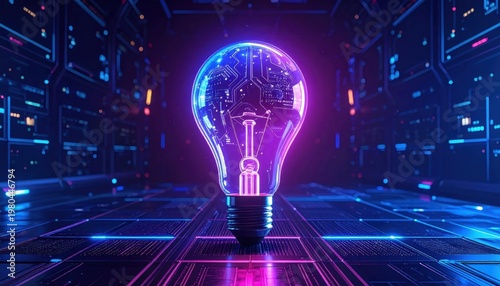 Futuristic AI Brain: Neon Lightbulb Illuminates Digital Innovation & High-Tech Ideas
