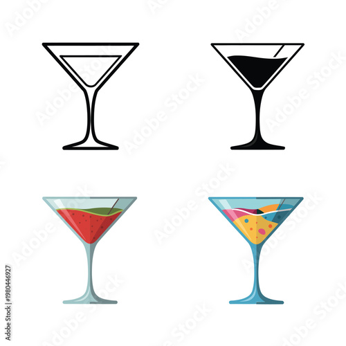 Cocktail glass collection, colorful drinks in stemware, happy hour event, lounge bar poster, summer party invite, vector icon set