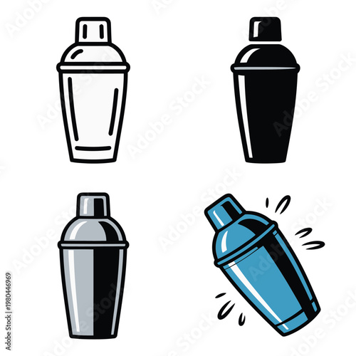 Shaking cocktail mixer icons, dynamic bar tool set, drink making tutorial, lounge bar banner, party night promotion, vector clipart design