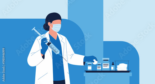 Doctor with syringe and vials, preparing for vaccination in a modern medical setting