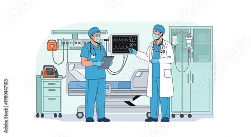 Doctors discussing patient's health on monitor in hospital room, medical care concept