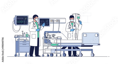 Doctors in ICU monitoring patient with medical equipment, life support, and IV drip