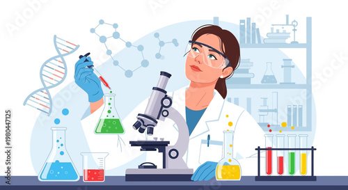 Female scientist in lab coat working with microscope and colorful chemicals