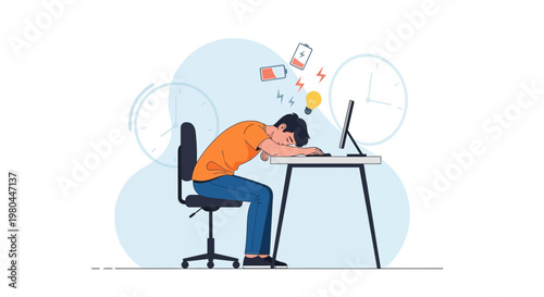 Exhausted man sleeping at desk with low battery and lightbulb symbols, burnout concept
