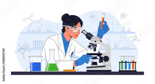 Female scientist in lab coat using microscope in laboratory setting