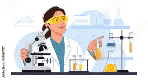 Female scientist in lab coat working with microscope and test tubes