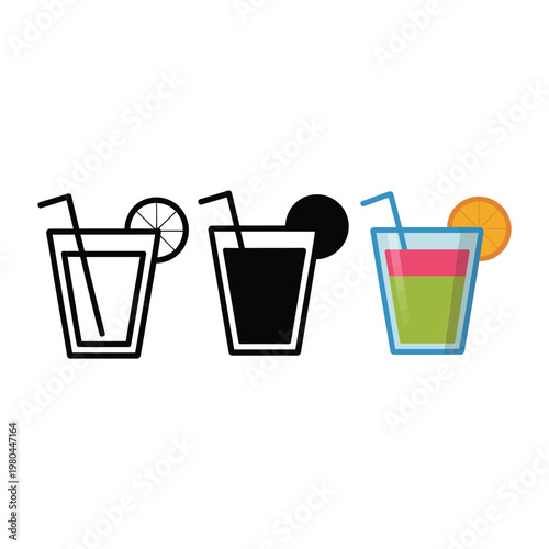 Cocktail and juice glass icons set, summer party poster, beach bar menu branding, refreshment stall elements, festival drinks, vector illustration