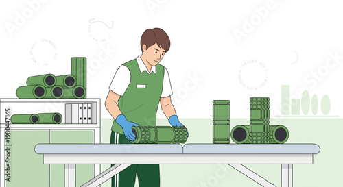 Factory worker assembling green pipes on a workbench, industrial manufacturing process