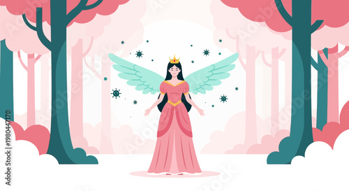 Fairy Queen with Wings and Crown in Enchanted Forest with Viruses