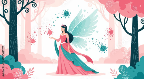 Fairy with Wings Dispelling Viruses in Magical Forest