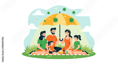 Family Picnic Protected by Umbrella from Viruses, Coronavirus Pandemic Safety Concept