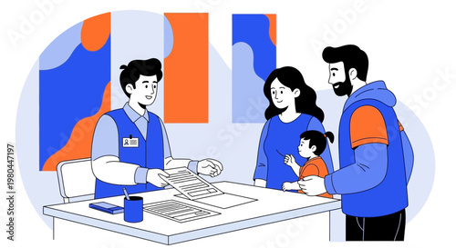 Family consulting with a professional at a desk, discussing documents and paperwork.