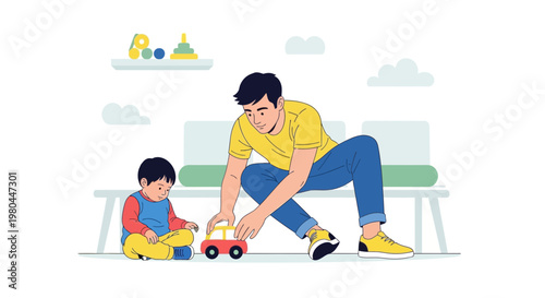Father playing with his son with a toy car, bonding and family time