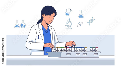 Female Scientist Arranging Test Tubes in Laboratory, Scientific Research Concept