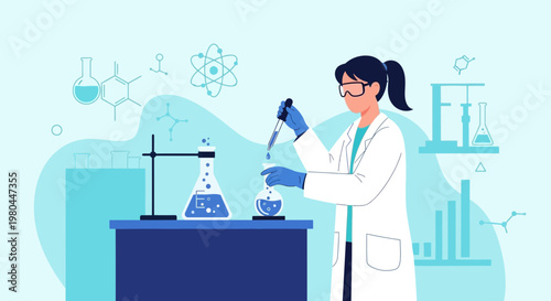 Female scientist conducting experiment in laboratory with chemical glassware and molecular structures