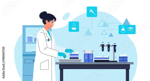 Female scientist in lab coat conducting research with pipettes and test tubes