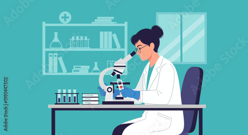 Female scientist in lab coat using microscope, conducting research in laboratory