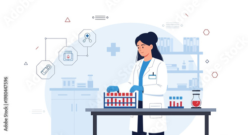 Female scientist working with test tubes in a modern laboratory, medical research concept