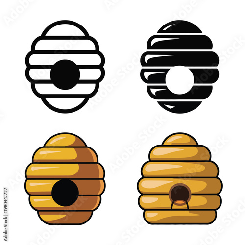 Traditional beehive icons, wooden hive boxes, spring garden event poster, apiary tour promotion, rural ecology workshop, nature education vector set