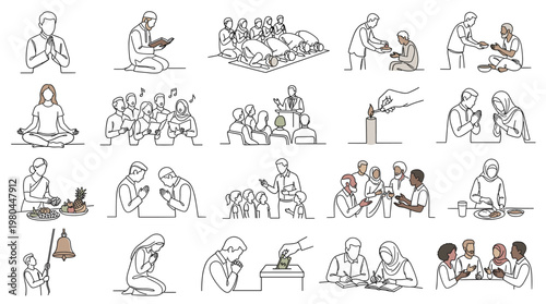 Continuous line drawing set of people meditating, studying, talking and working together, minimalist vector collection for wellness, learning and teamwork concepts