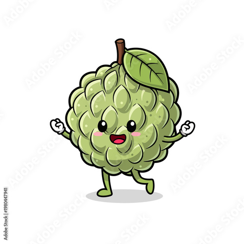 Vector illustration of a cute chibi custard apple character with a happy face, green bumpy skin, and raised arms. Kawaii sugar apple fruit mascot with a leaf on white background.