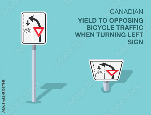 Traffic regulation rules. Isolated canadian "yield to opposing bicycle traffic when turning left" road sign. Front and top view. Flat vector illustration template.