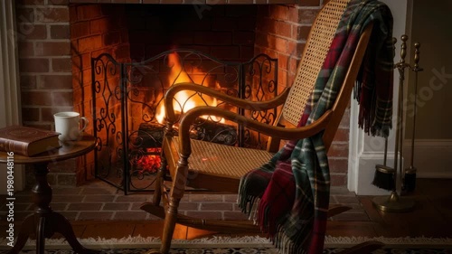 Cozy interior scene featuring rocking chair by fireplace with blanket
