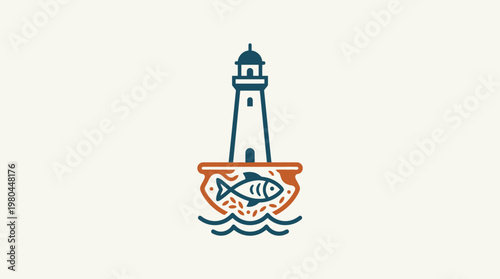 Minimalist Lighthouse Emblem with Fish