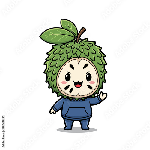 Cute soursop fruit mascot character in chibi style wearing a blue hooded sweatshirt and waving. Detailed vector illustration featuring a green spiky fruit head with white interior face and seeds.