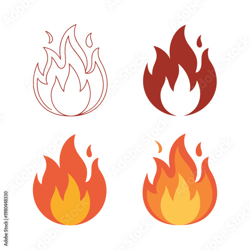 Flame symbol set with outline and filled versions for camping handouts, fireplace brochure, festival fireworks graphics, emergency training materials