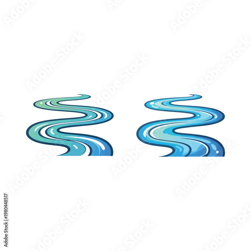 Winding river icons pair, flowing water path, nature hike map, eco tourism poster, national park guide, vector illustration design